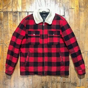 Forever 21 Flannel Jacket Men's Large Red Buffalo Check Sherpa Field Zip Front